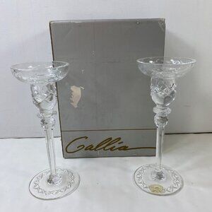 Rogaska Gallia Cut Lead Crystal Set 2 10" Etched Candle Stick Holders Vintage